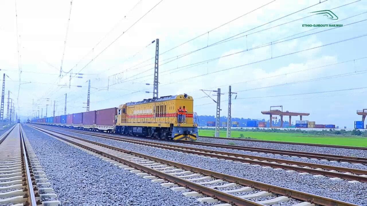 Ethio-Djibouti Railway freight locomotive pulling a container train.